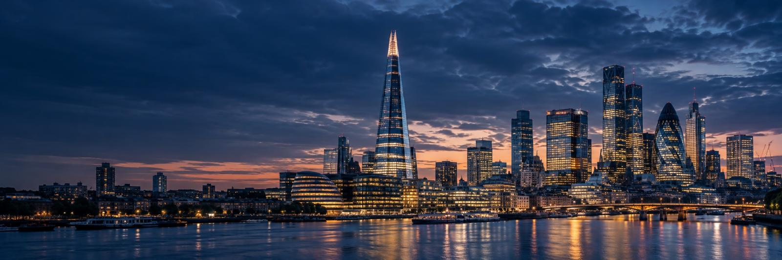 Illustrated London business skyline at dusk with the Shard and Gherkin