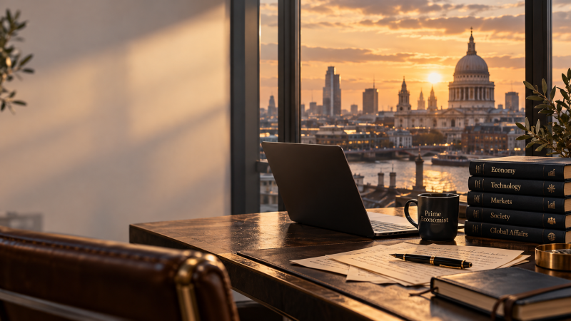 Editorial desk overlooking London, with books, a notebook and a Prime Economist mug.