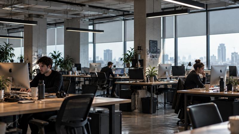 Software developers working at computers in a contemporary open-plan office.