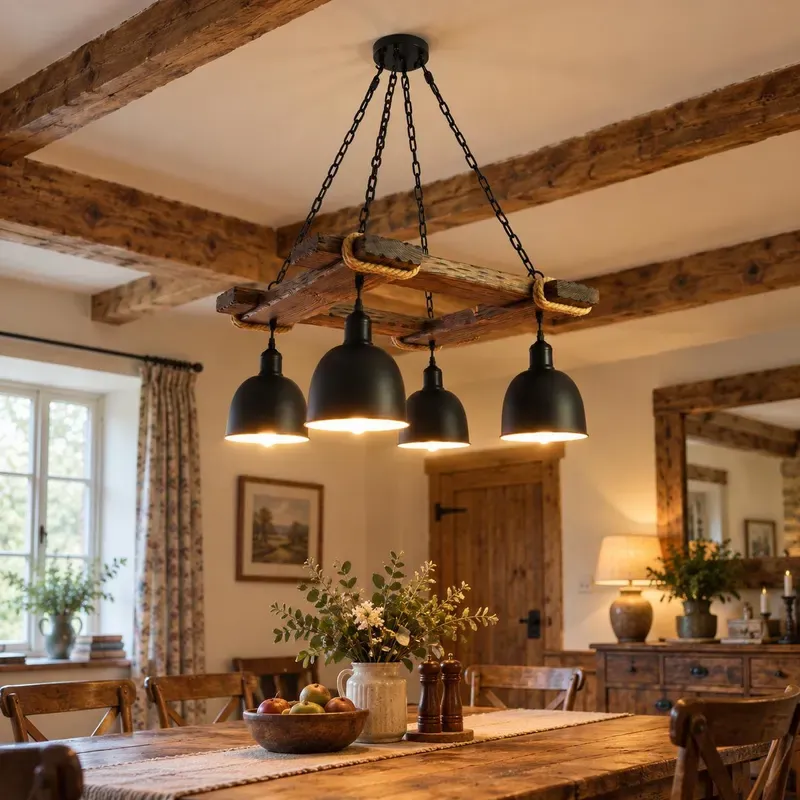 AshminWood rustic wooden chandelier with four black metal shades